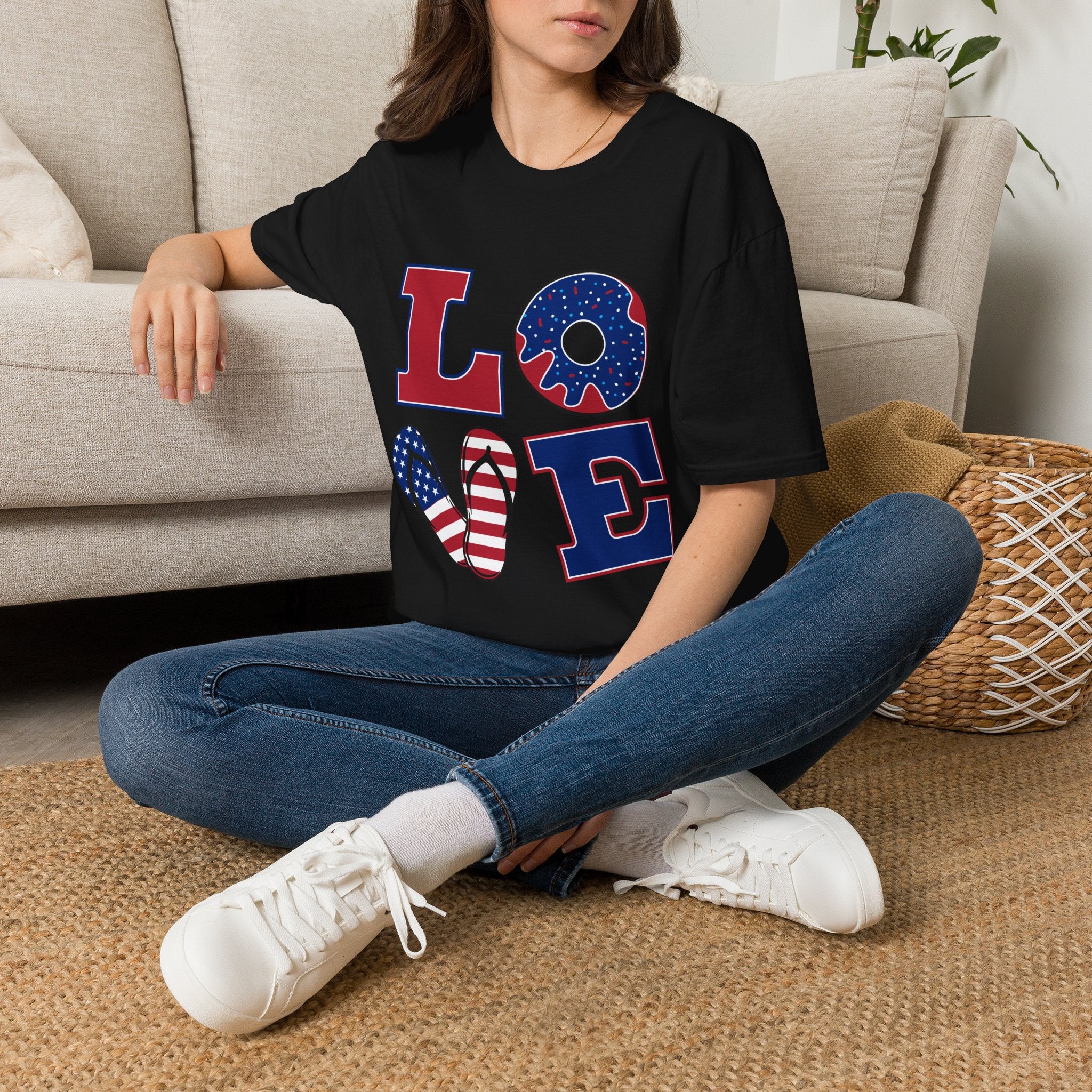 Patriotic 'LOVE' T-Shirt — American Flag Donut & Flip-Flop Graphic Tee