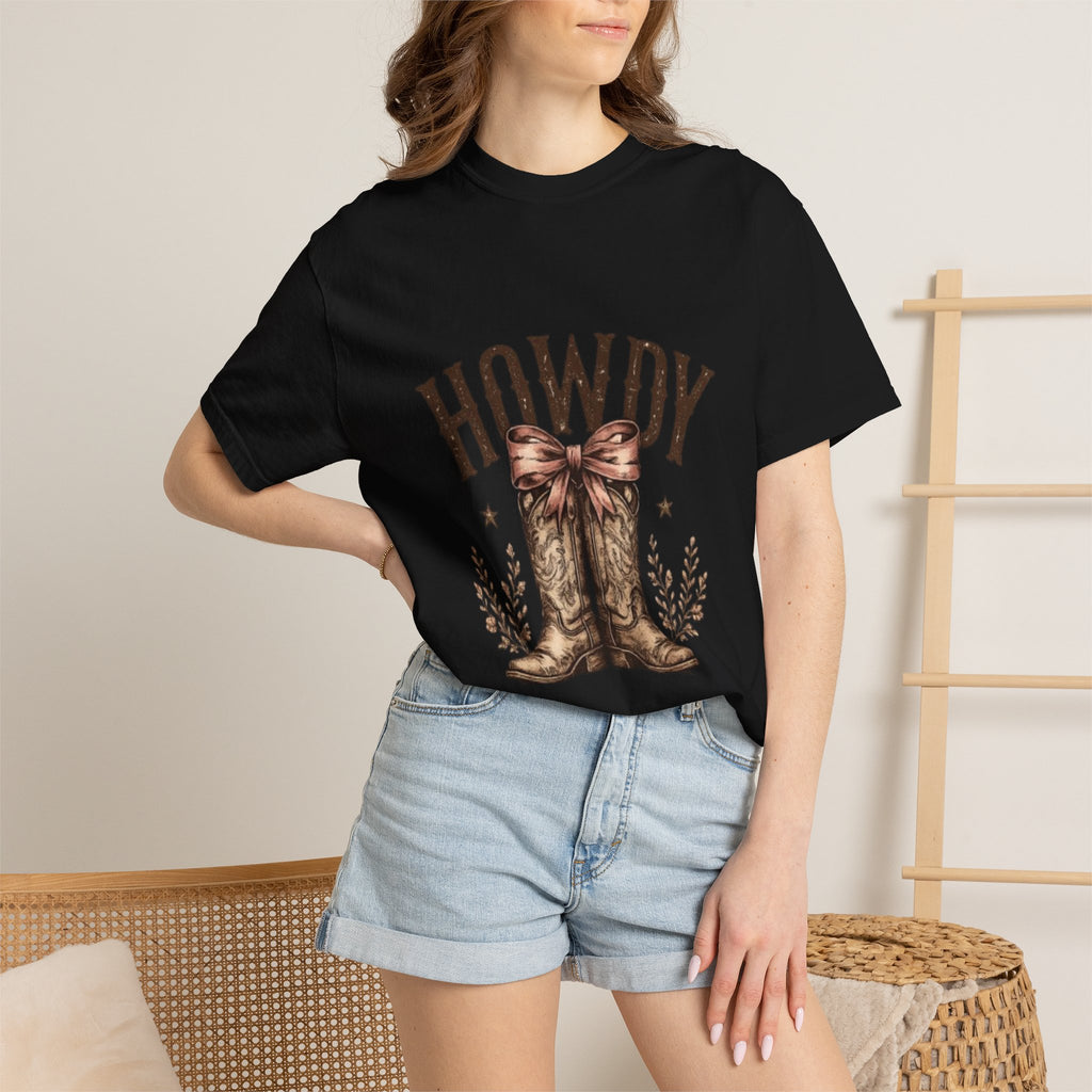 Howdy Cowboy Boots T-Shirt — Western Graphic Tee with Bow